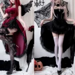 Gothic Halloween Vampire Witch Bride Cosplay Dress Women Girls Black Red Lace Velvet Corset Cross Asymmetrical