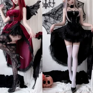 Gothic Halloween Vampire Witch Bride Cosplay Dress Women Girls Black Red Lace Velvet Corset Cross Asymmetrical