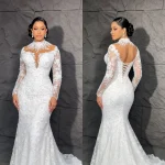 Lace Mermaid Wedding Dress Long Sleeve Backless Corset Bridal Gown Floor-Length Tulle Bespoke Wedding Gown with Pearls Appliques