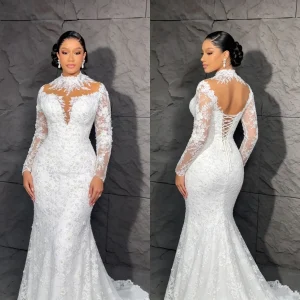 Lace Mermaid Wedding Dress Long Sleeve Backless Corset Bridal Gown Floor-Length Tulle Bespoke Wedding Gown with Pearls Appliques