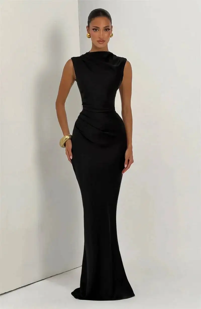 Satin Cowl Neck Mermaid Maxi Dress Women Elegant Sleeveless Draped Ruched Bodycon Long Evening Party Gown Vestidos - Image 16