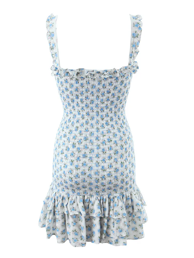 Sexy White Blue Flower Print Corset Ruched Elastic Body Sling Mini Dress Woman Wood ears Square Collar Ruffles Hem Robe Holiday - Image 3