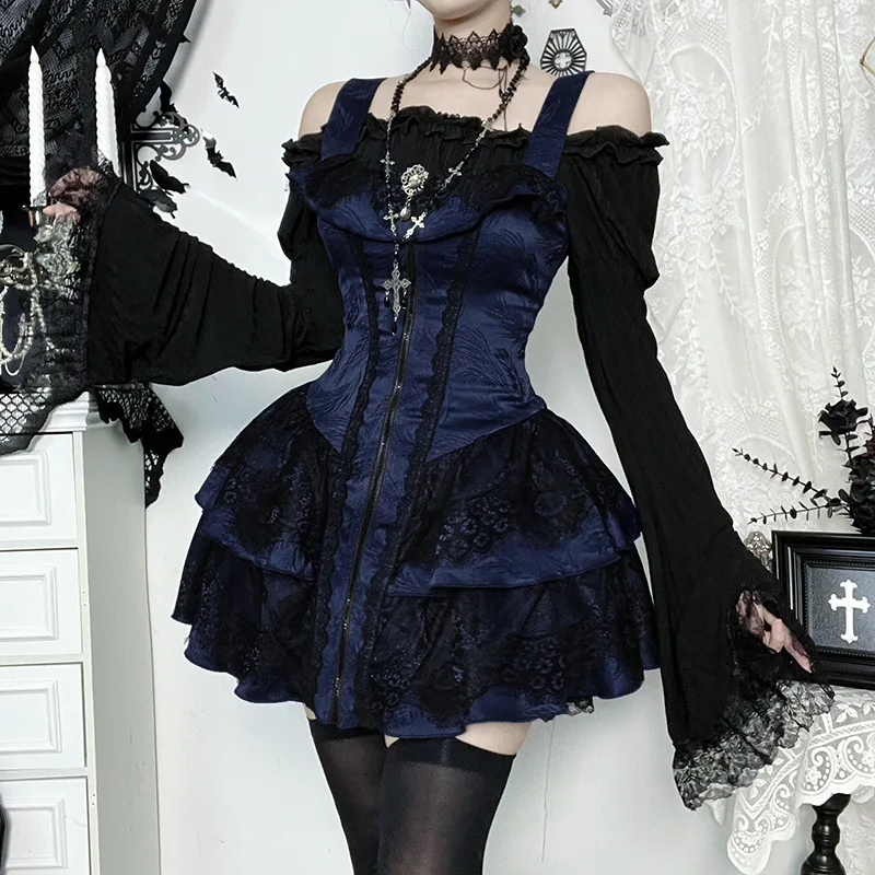 Dark A-line Textured Mini Dress for Women Mall Gothic Outfits Jacquard Lace Trim Embellished Dresses Ball Gown Halloween - Image 2