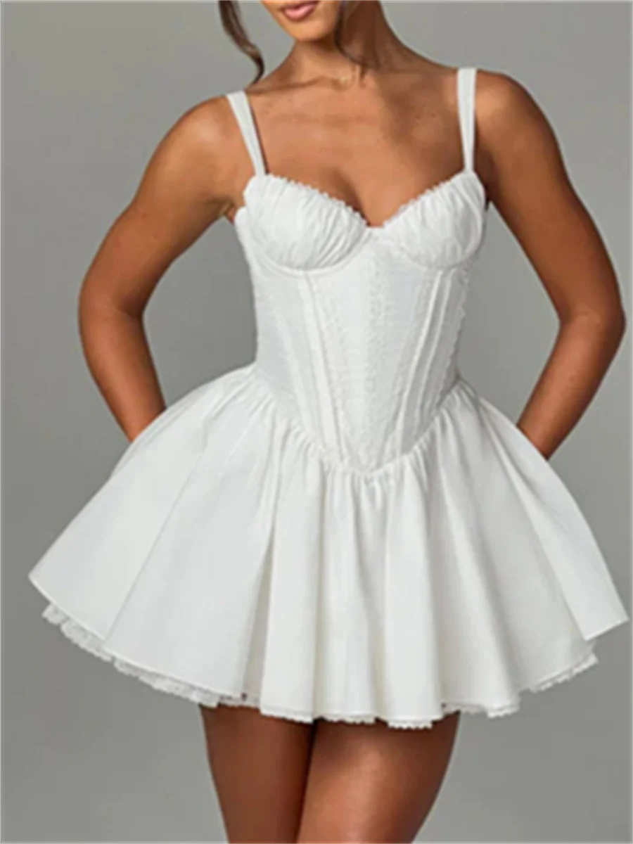 Bustier Corset Mini Dress Lace Trim Big Bow Tie Up Aline Ruffle Sundress White Graduation Party Dress Streetwear - Image 9