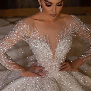 Royal Princess Wedding Dress – Long Sleeve Sparkling Ball Gown