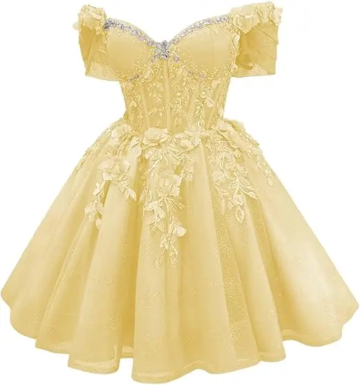 Robe de bal courte Celestia à corset et épaules dénudées, ornée de perles et de dentelle - Image 18