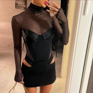 Robe Mesh Long Sleeve Mini Dress Party Evening Club Outfits Sexy Cut Out Corset Bodycon Dresses