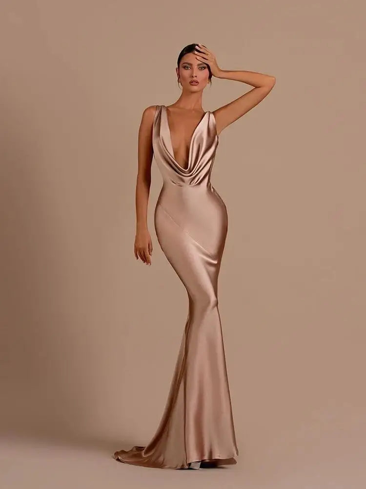 Satin Surface Lady Evening Dresses Sexy Backless Wrap Buttocks - Image 4