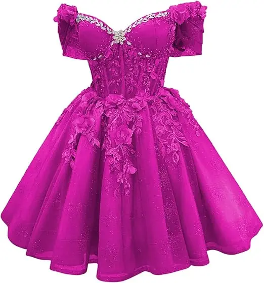 Robe de bal courte Celestia à corset et épaules dénudées, ornée de perles et de dentelle - Image 9
