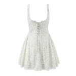 Sexy Flower Print Bow Ruched Chest Corset Style Sling Dress Cross Bandage Lacing up Back Low Waist Swing A-line Short Vestidos