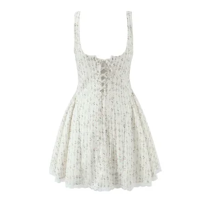 Sexy Flower Print Bow Ruched Chest Corset Style Sling Dress Cross Bandage Lacing up Back Low Waist Swing A-line Short Vestidos