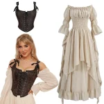 Medieval Costumes Gothic Long Ruffled Dress Retro Clothes Black Vest Lace-Up Corset Top Renaissance Outfits for Women
