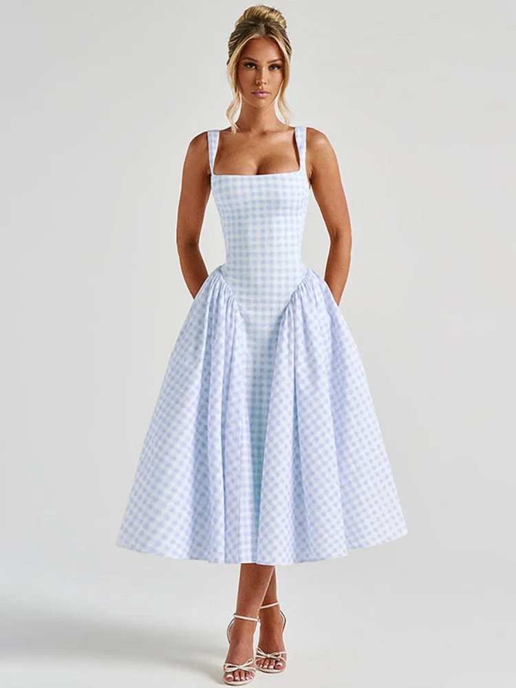 Plaid Printed Spaghetti Strap Sexy A-line Dress - Image 4