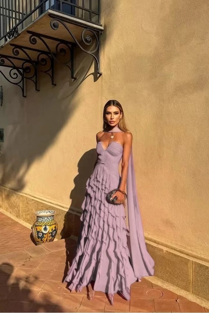 Long Train Evening Gown Sweetheart Multi Layer Ruffle Chiffon Maxi Dress Sexy Backless Flowing Ribbon Prom Dress - Image 8