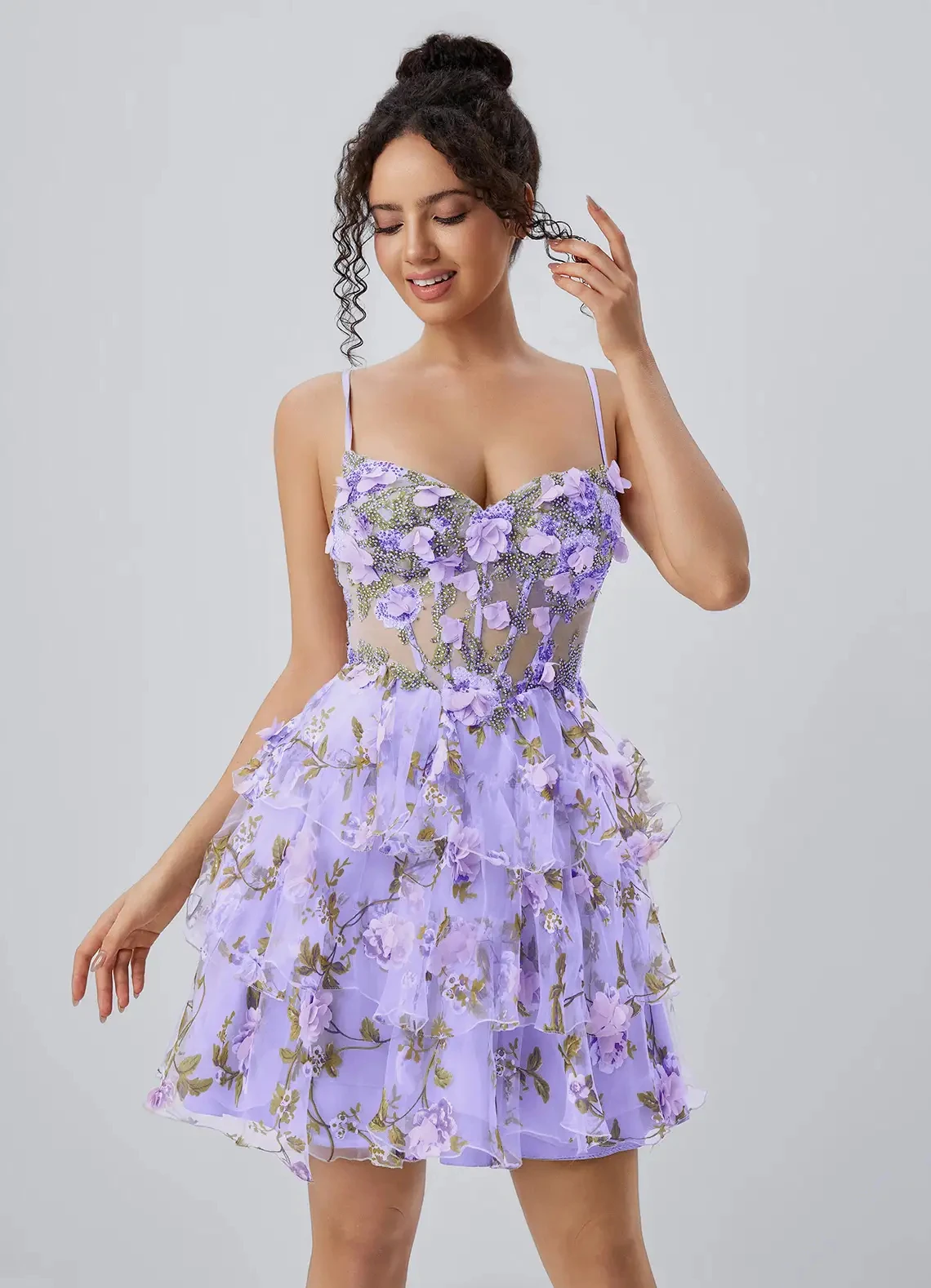 Spaghetti Strap Floral Corset Homecoming Dress Ruffled Tulle Cocktail Party Dress Prom Dress - Image 3