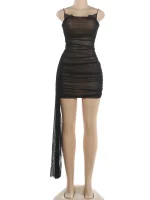 Women Black Mesh Ruched Trailing Strap Dress Glam Square Neck Bodycon