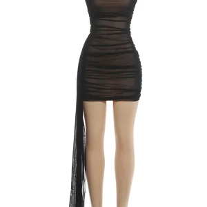 Women Black Mesh Ruched Trailing Strap Dress Glam Square Neck Bodycon