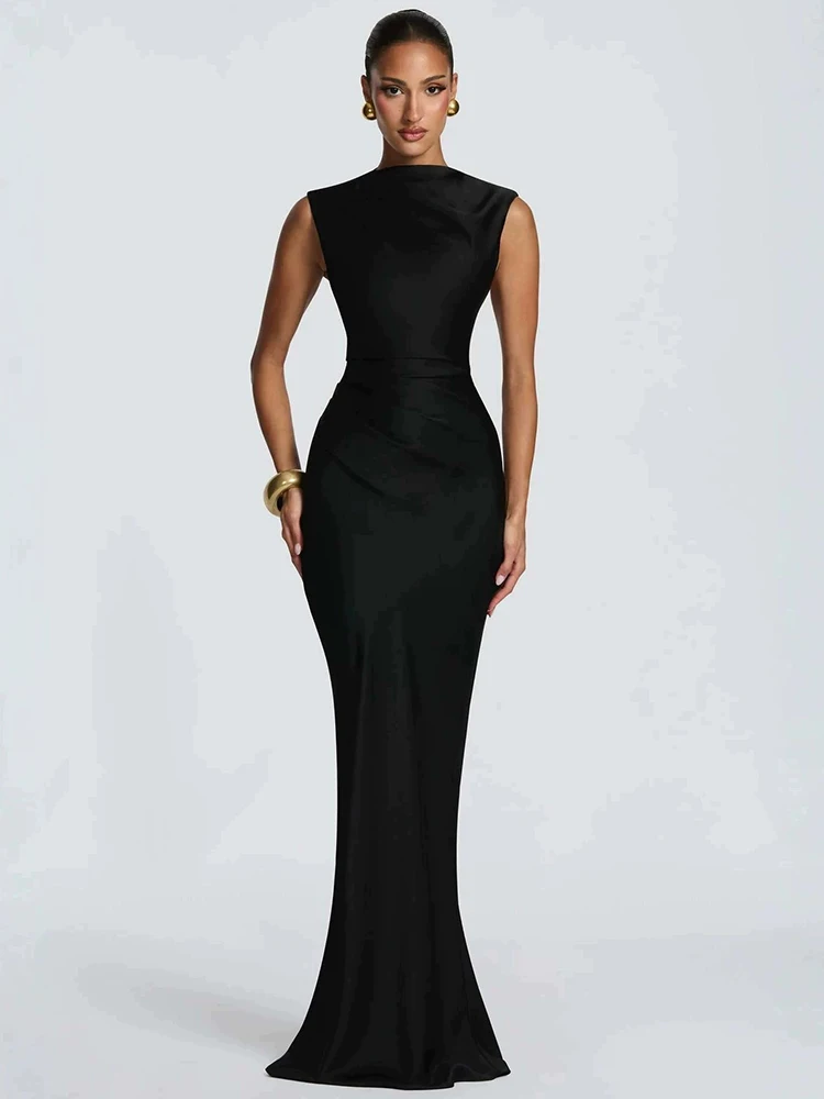 Satin Cowl Neck Mermaid Maxi Dress Women Elegant Sleeveless Draped Ruched Bodycon Long Evening Party Gown Vestidos - Image 6