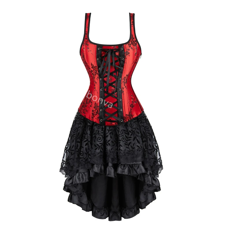 Red Corset Dress Women Skrit Set Shoulder Strap Lace Costume Party Sexy Burlesque Halloween Basques Outfit Plus Size Black - Image 2