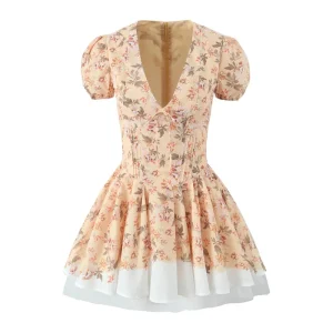 Sexy Flower Print V Collar Corset Style Mini Dress Short Puff Sleeve Women Low Waist Ruched Pleated Contrast Color Hem Robe