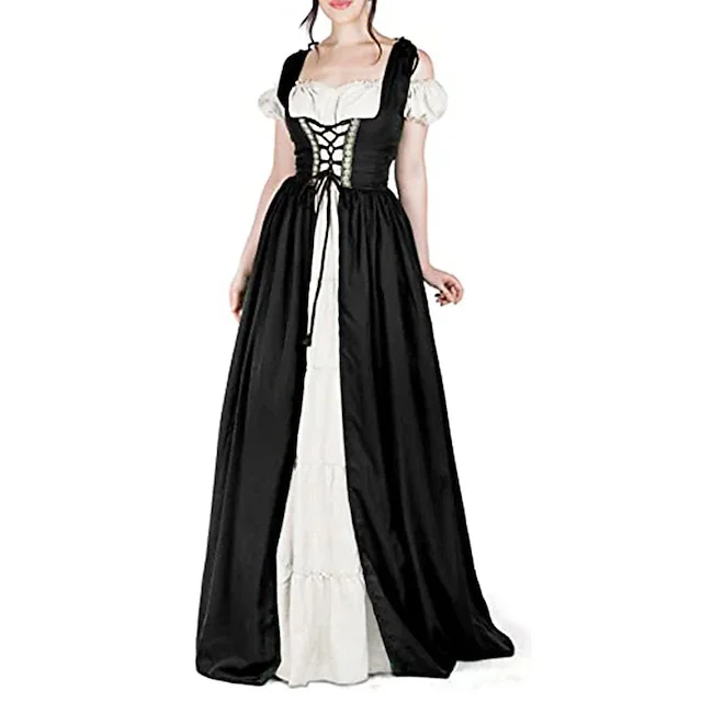 Medieval Court Style Long Sleeve Corset Dress with Off-Shoulder Batwing Sleeves and Flared Long Skirt - Image 8