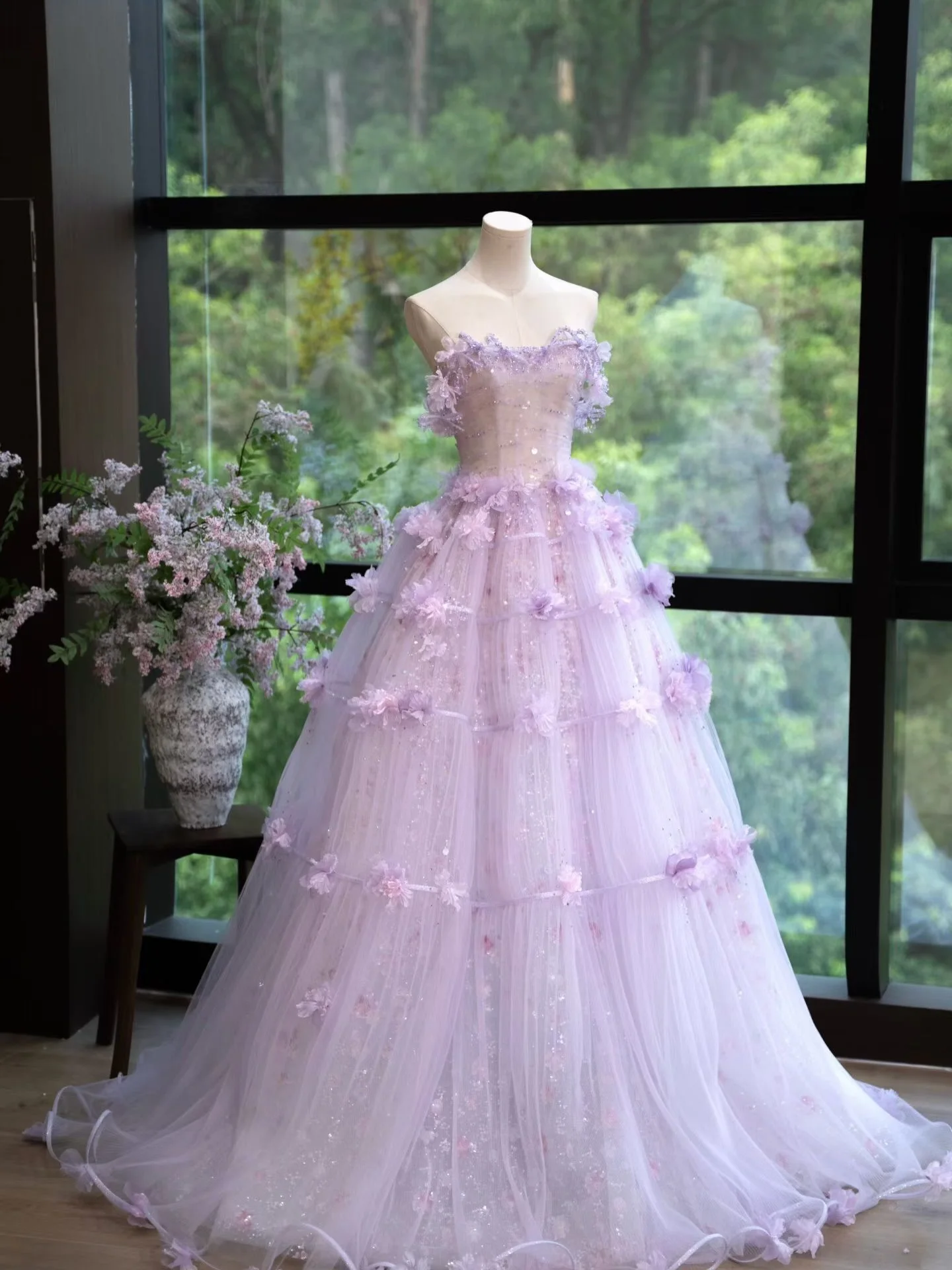 Lilac Sheer Glitter Tulle Ball Gown Strapless Sweetheart Corset Bodice Floral Tiered Ruffle Floor Length Princess Wedding Dre - Image 3