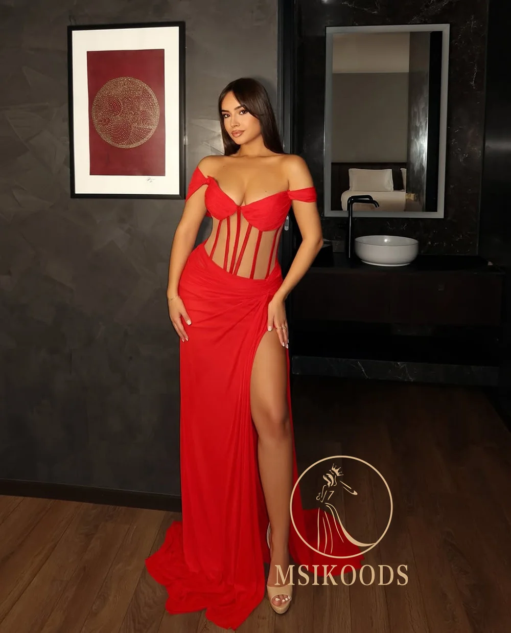 Msikoods Customized Red Evening Dresses Off Shoulder Corset Illusion Sexy High Slit Prom Dress Women's Long 2026 Party Dress - Image 3