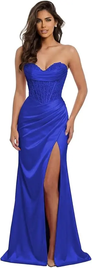 Pink Mermaid Prom Dresses Sweetheart Lace Strapless High Side Slit Formal Evening Party Gowns Corset - Image 16