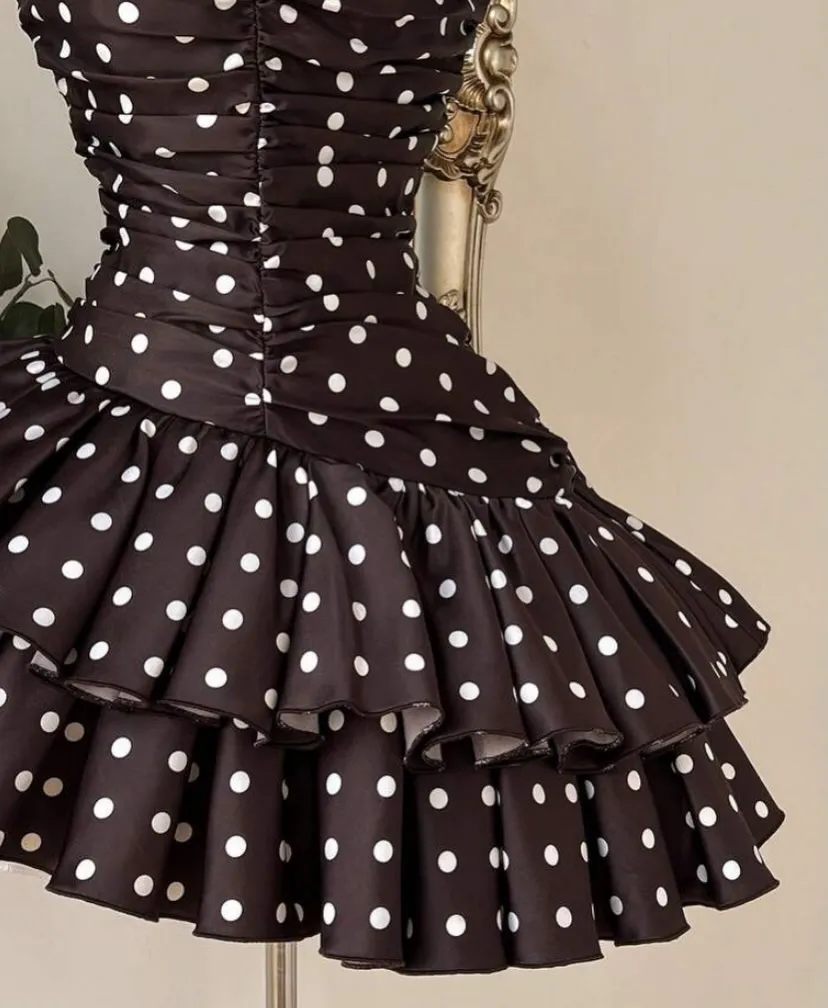 Black White Polka Dot Satin Strapless Mini Dress Sweetheart Ruched Corset Lace Up Back Tiered Ruffle Skirt Short Prom Gown - Image 8