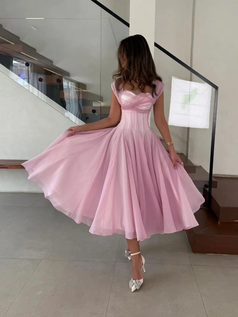 Summer Sexy Square Neck Corset Waist A-Line Tea-Length Dress for Wedding - Eye-Catching Gown for Women - Image 11