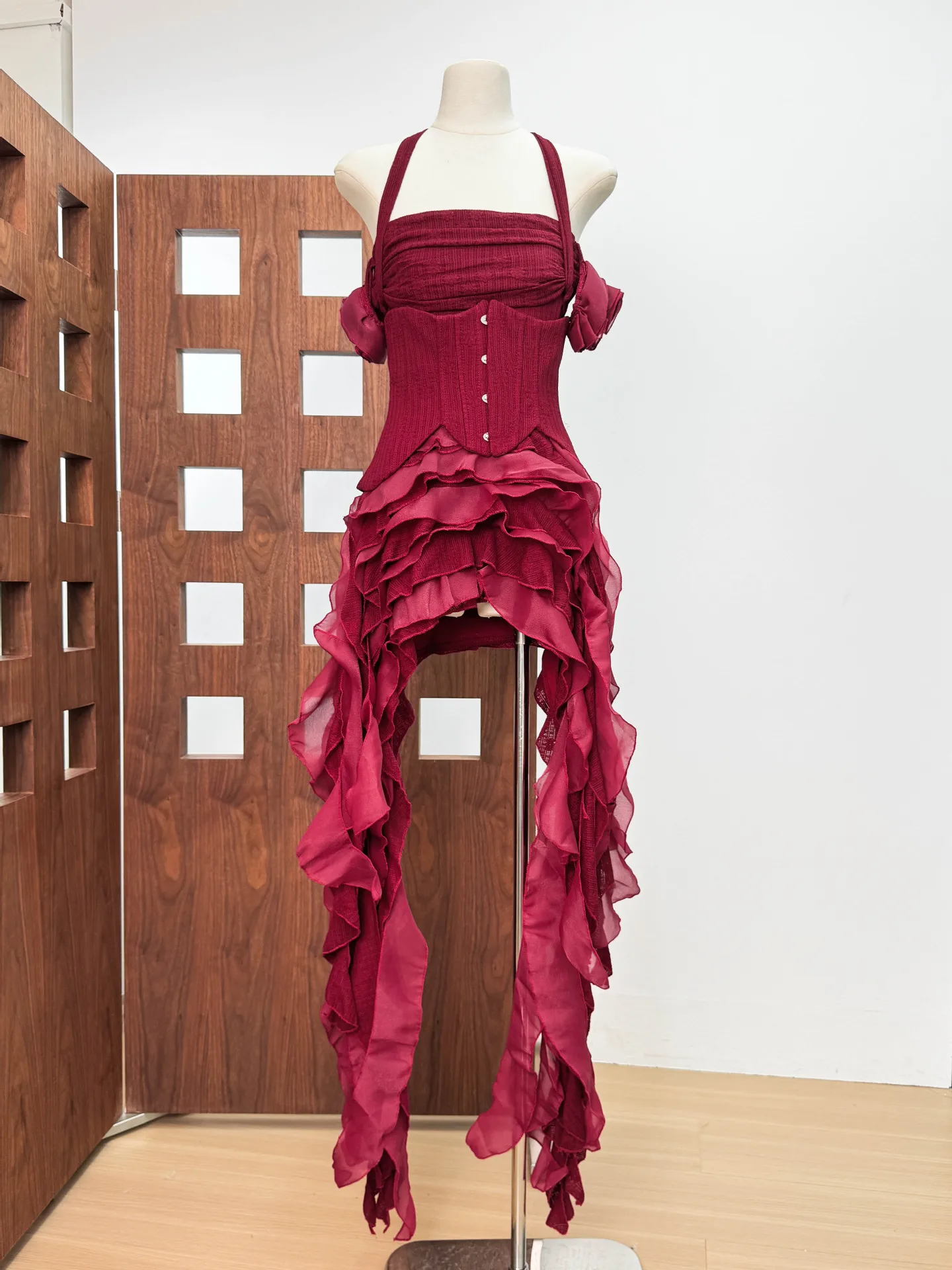 Ruffles Draped Dress Three Piece Sets Sexy Halter Neck Folds Ruffled Dress+Lace-up Corset Top+Shorts Suits Party Cocktail - Image 7