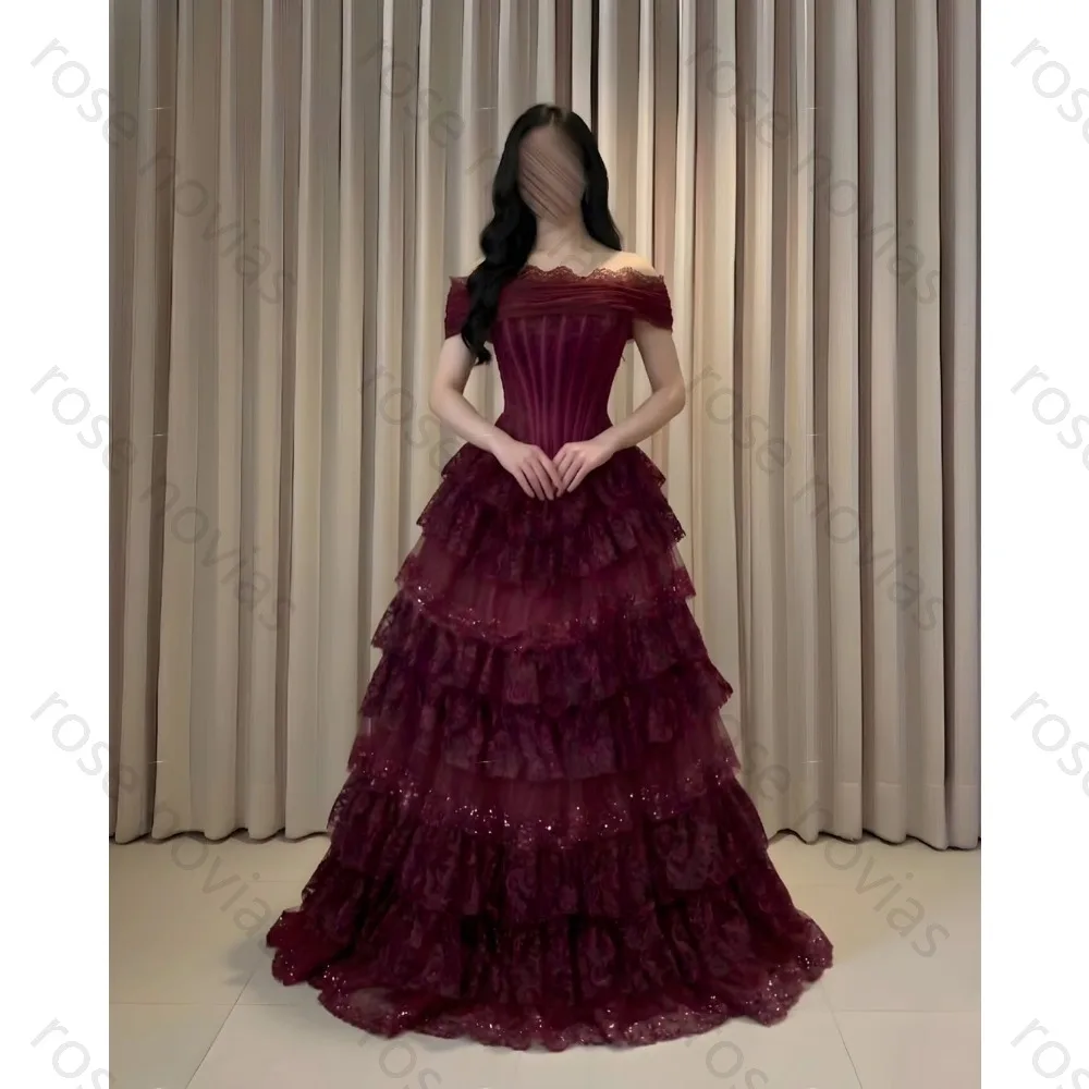 Burgundy Formal Dress Off Shoulder Sweetheart Neck Corset Lace Tiered Tulle A-Line Maxi Gown Women Evening Party - Image 2