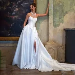 Satin Strapless A-Line Wedding Dress Backless Corset Floor-Length Evening Gown with Built-in Bra for Wedding Parties