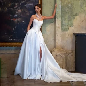 Satin Strapless A-Line Wedding Dress Backless Corset Floor-Length Evening Gown with Built-in Bra for Wedding Parties