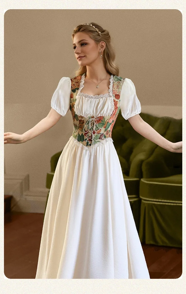 Elegant Cottage Style Princess Dresses Woman Vintage Chic Painting Corset Dress - Image 4