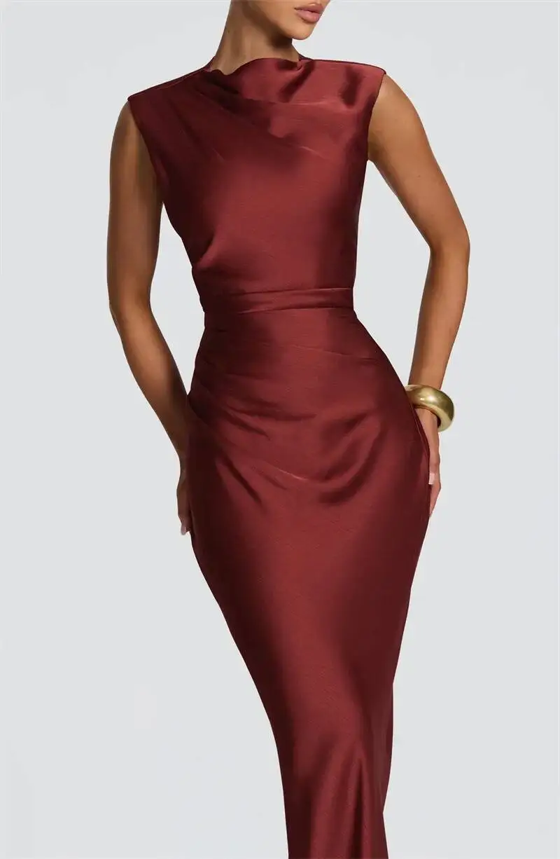 Satin Cowl Neck Mermaid Maxi Dress Women Elegant Sleeveless Draped Ruched Bodycon Long Evening Party Gown Vestidos - Image 11