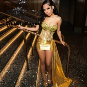 Gold Rhinestone Short Prom Dresses For Black Girl Bead Crystal