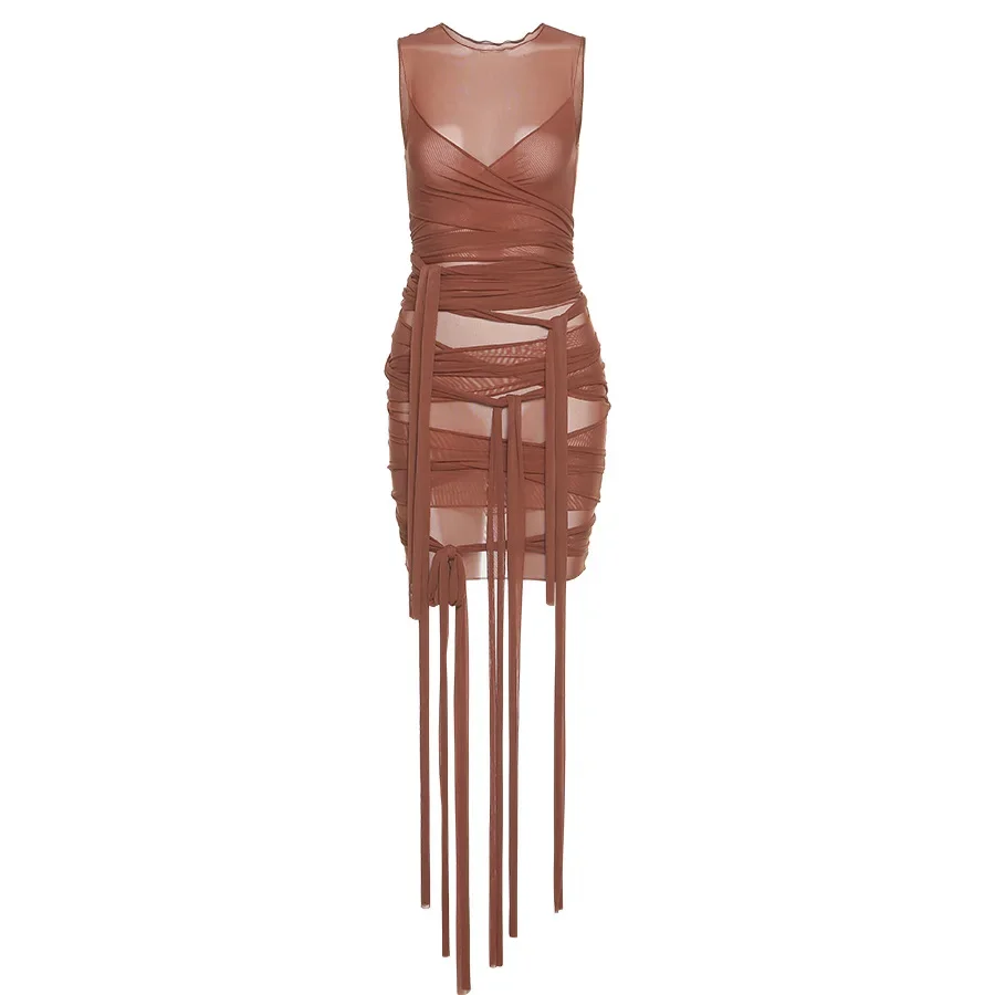 Bangniweigou Ribbon Wrap Up Draped Mesh See Through Bandage Dress Women Mummy Tie Up Bodycon High Waist Short Brown Dresses - Image 6