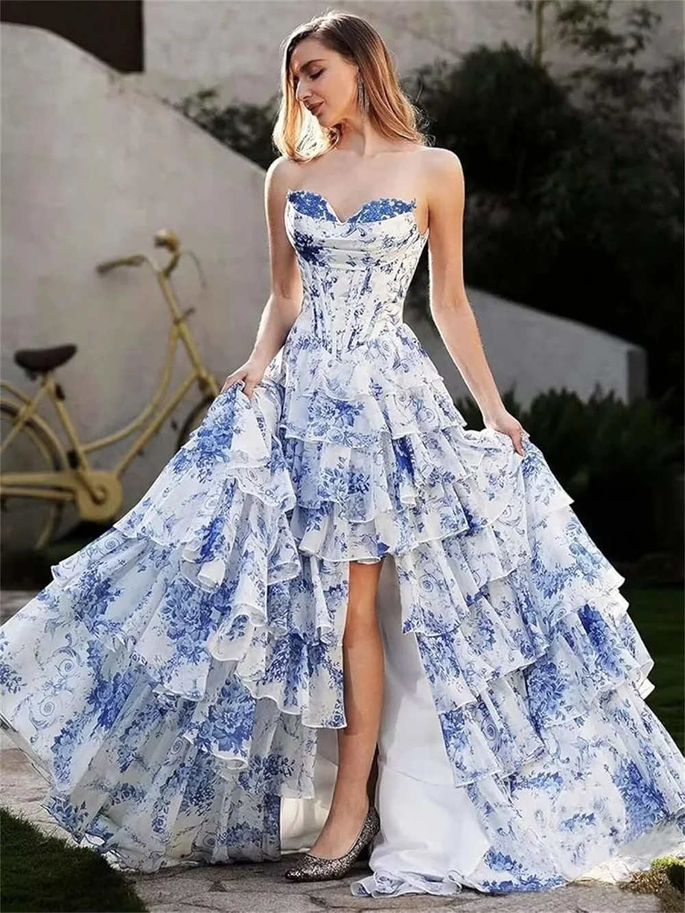 Blue Floral Print Long Women's Dress Sweetheart Tiered Ruffles Corset Skirt Euro Style Summer Floor-Length Sleeveless A-Line - Image 3