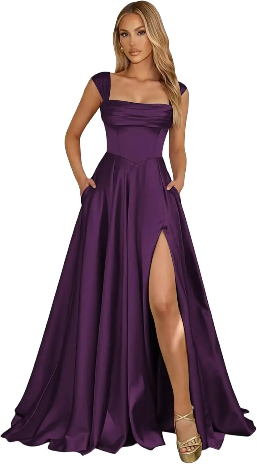 Corset Satin Square Neck Prom Dresses for Women Corset Ruched Formal Evening Party Gowns with Slit - Image 17
