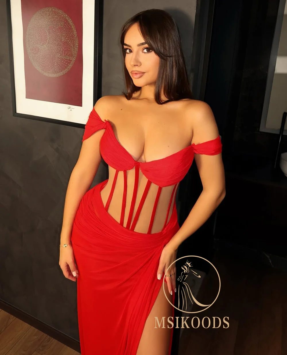 Msikoods Customized Red Evening Dresses Off Shoulder Corset Illusion Sexy High Slit Prom Dress Women's Long 2026 Party Dress - Image 4