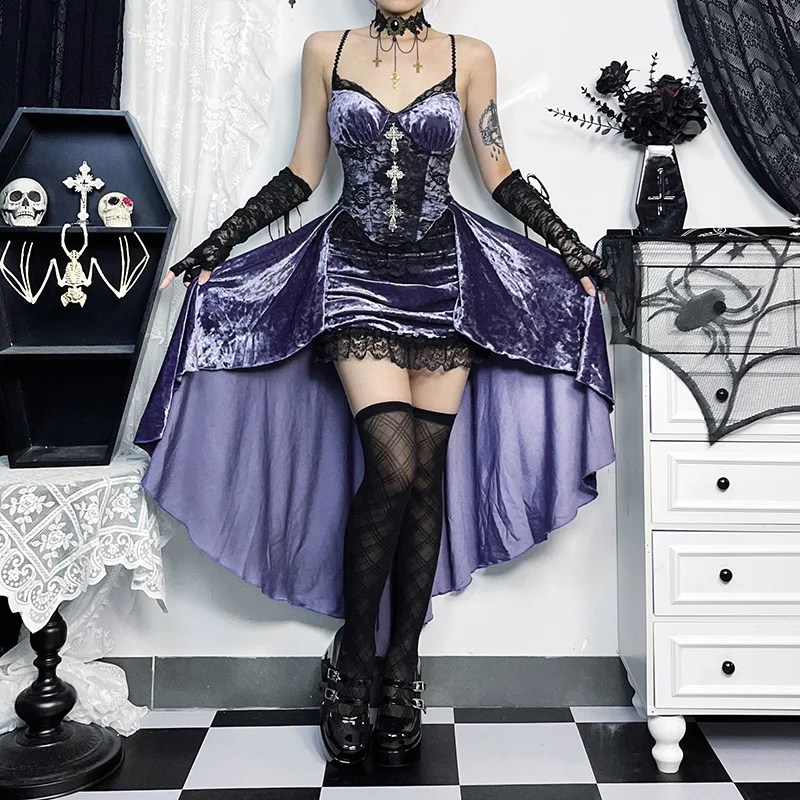 Gothic Velvet A-line Dress Female Elegant Evening Lolita Partywear Grunge Sling Lace Hem Alt Cloth - Image 5