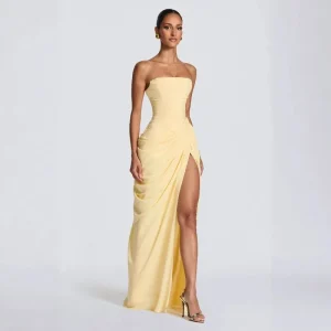 Strapless Maxi Robe Women Ruched Waist High Thigh Slit Chic Flowy Dress Romantic Party Fashion Unique Vestido New