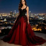 Red Tulle Black Lace Ball Gown Wedding Dress Sweetheart Corset