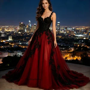 Red Tulle Black Lace Ball Gown Wedding Dress Sweetheart Corset