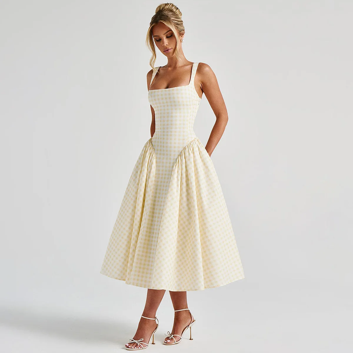 Plaid Printed Spaghetti Strap Sexy A-line Dress - Image 13