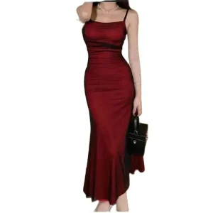 Sleeveless Bodycon Corset Maxi Dress Wine Red Spaghetti Strap Ruched Elegant Evening Party Long Vintage Dresses
