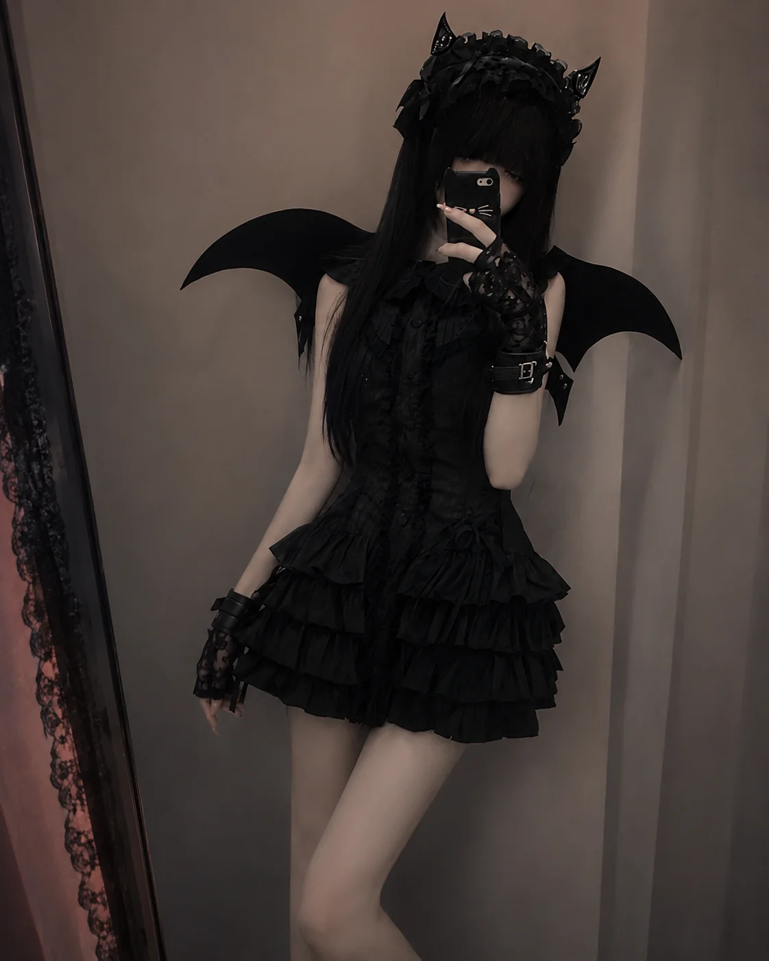 Gothic Lolita Black Mini Dress Women Sleeveless Corset Waist Tiered Ruffle Lace Trim A Line Dark Elegant Halloween - Image 4