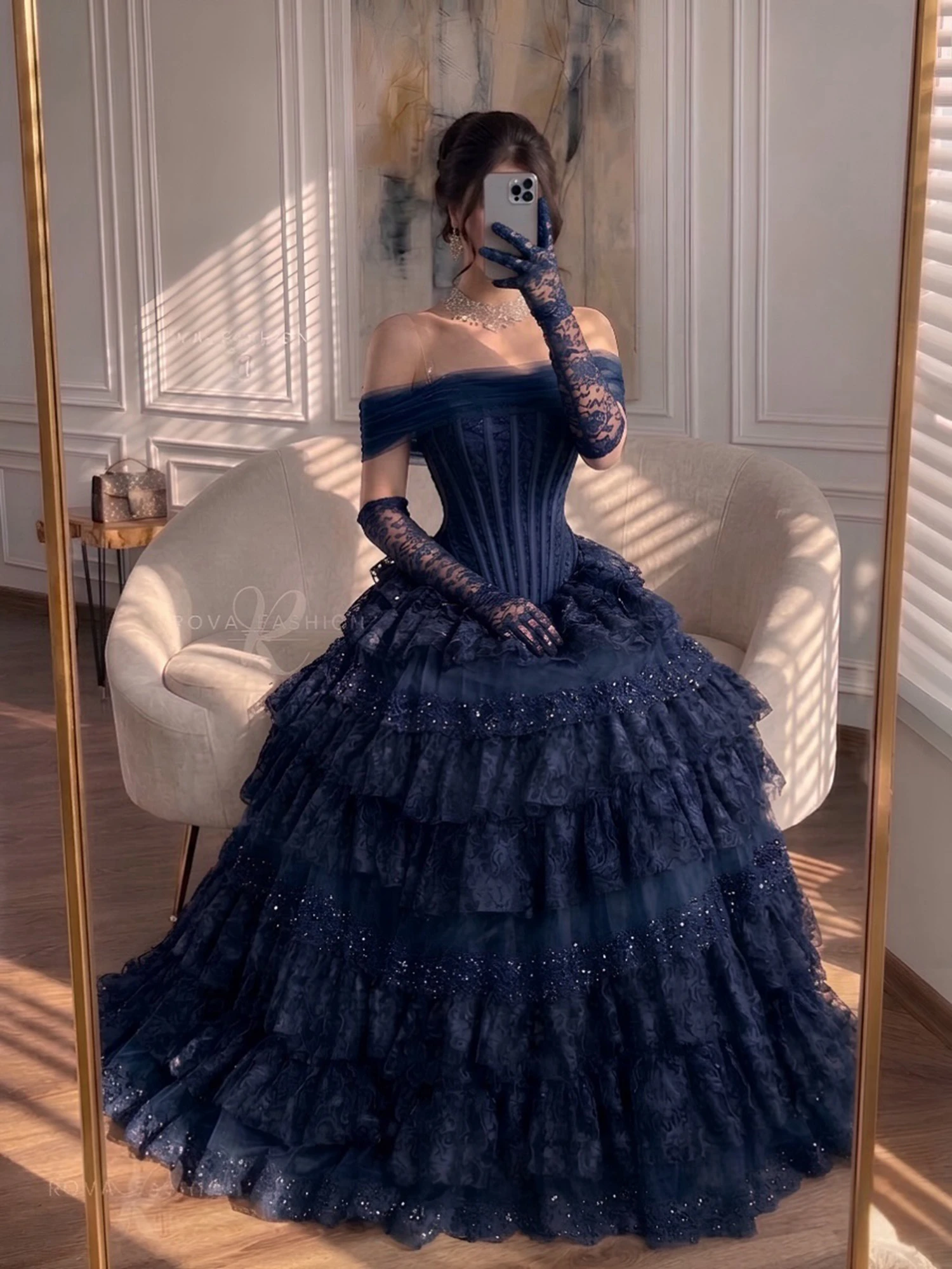 Navy Blue Off Shoulder Tulle Corset Ball Gown Floral Lace Multi Layer Ruffled Skirt Glitter Sequin Trim Vintage Princess - Image 2
