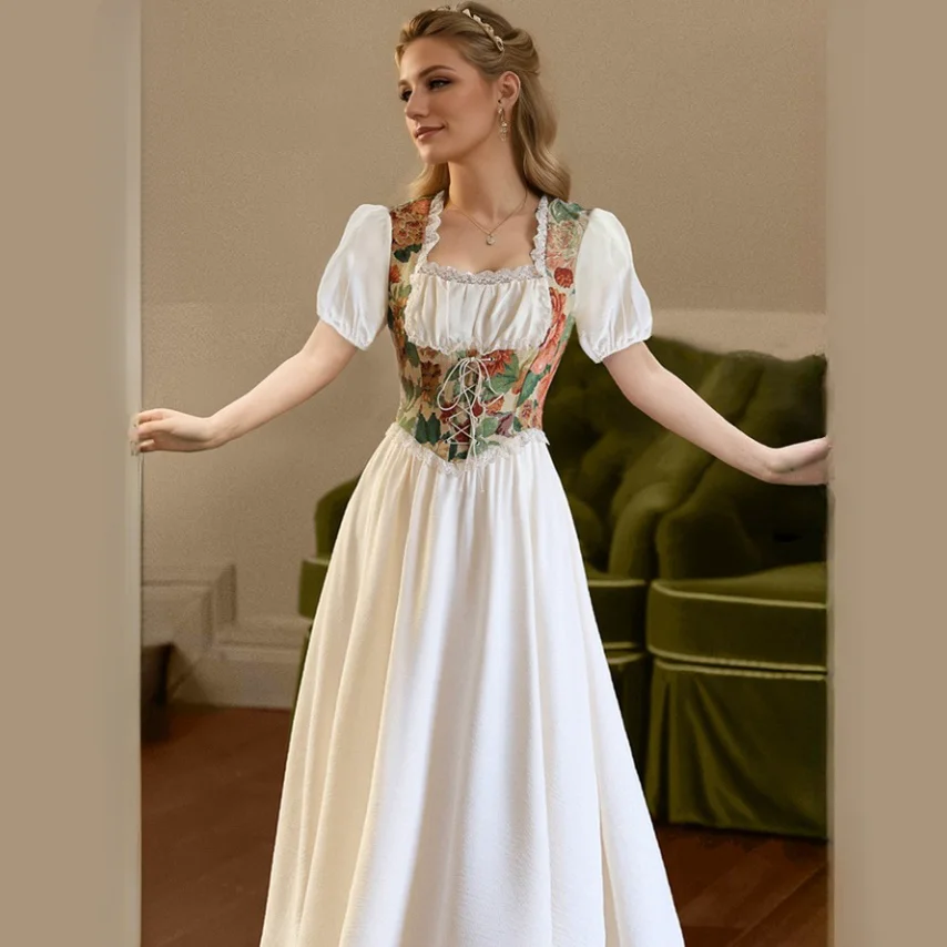 Elegant Cottage Style Princess Dresses Woman Vintage Chic Painting Corset Dress - Image 2